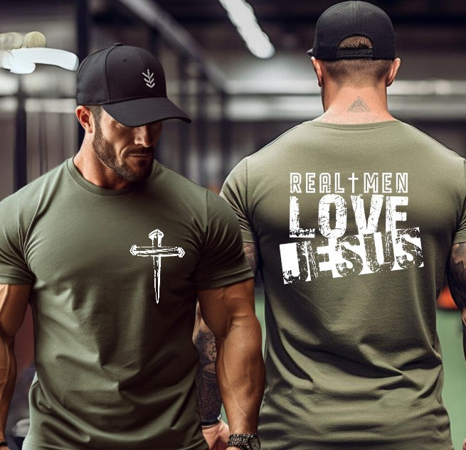 Real Men Love Jesus with pocket DTF Transfers