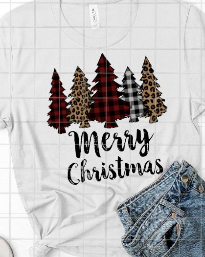 Merry Christmas Trees, Plaid and Leopard Print, Sublimation Transfer